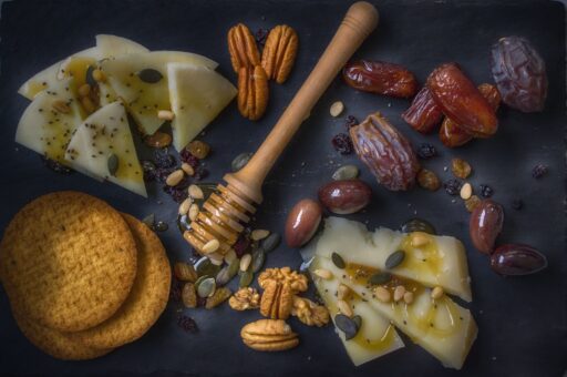 food platter, cheese, honey